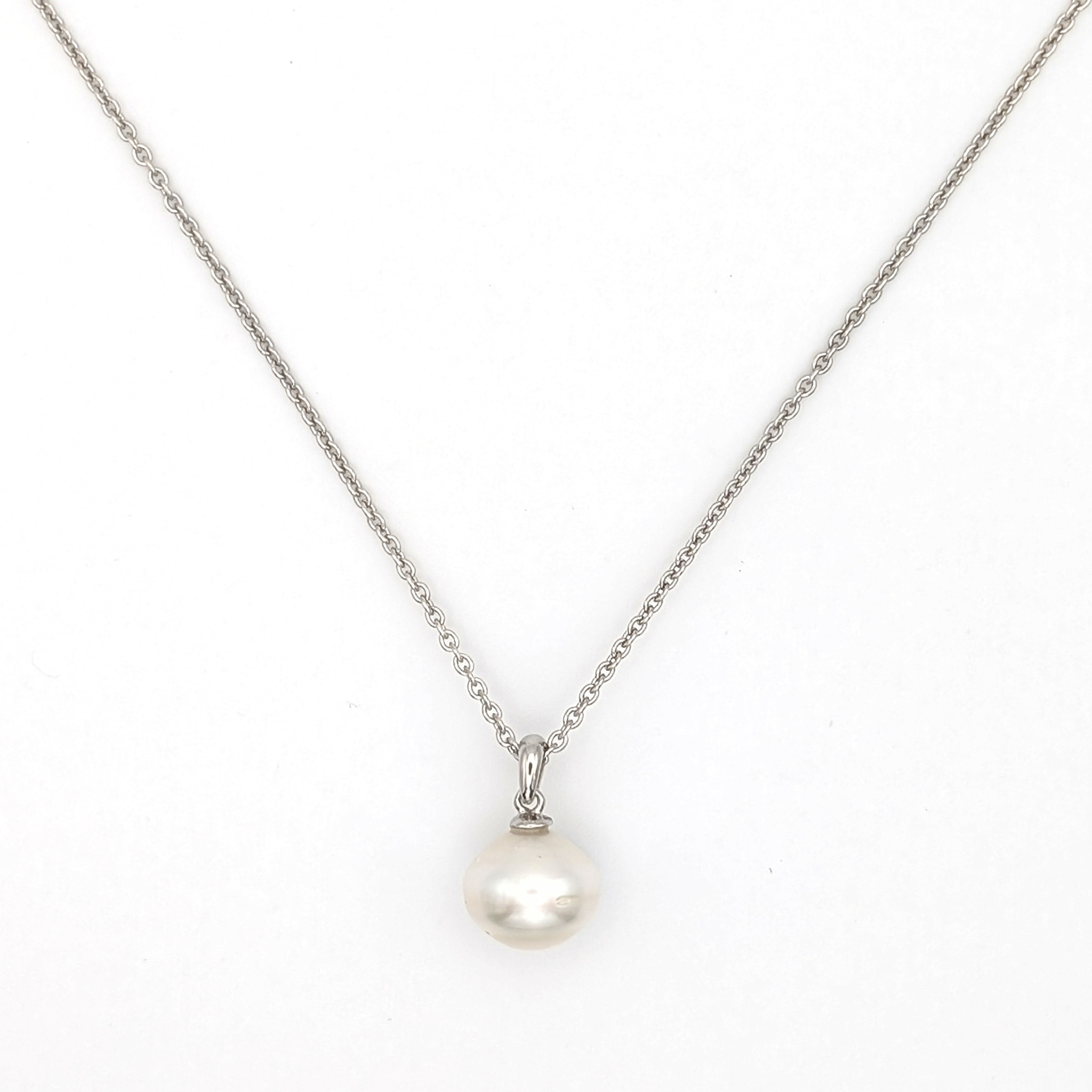 South sea pearl pendant necklace with rhodium plated chain on a white background