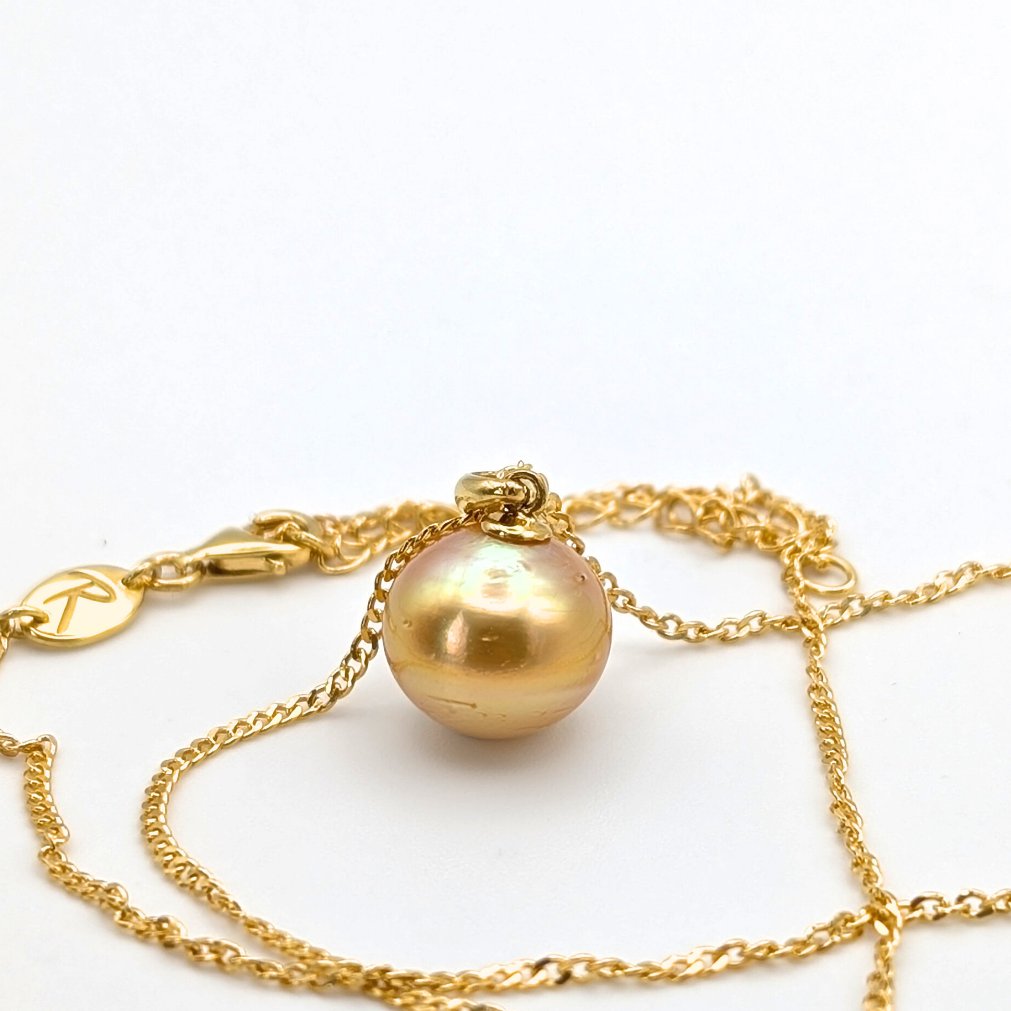 Gold vermeil necklace with an large south sea pearl pendant on a white background