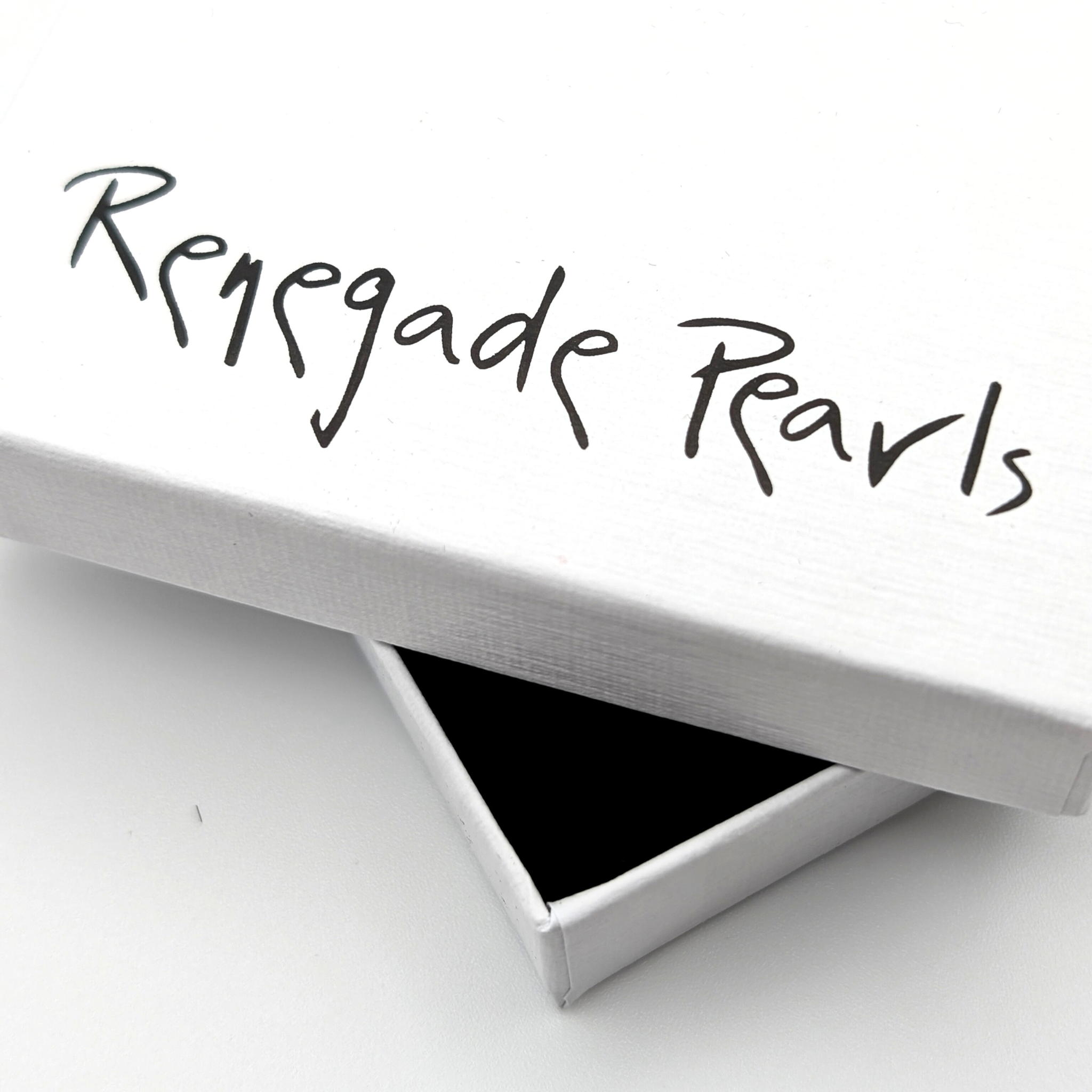 open box with  Renegade pearls branding, packaging for south sea pearl pendant necklace, on white background