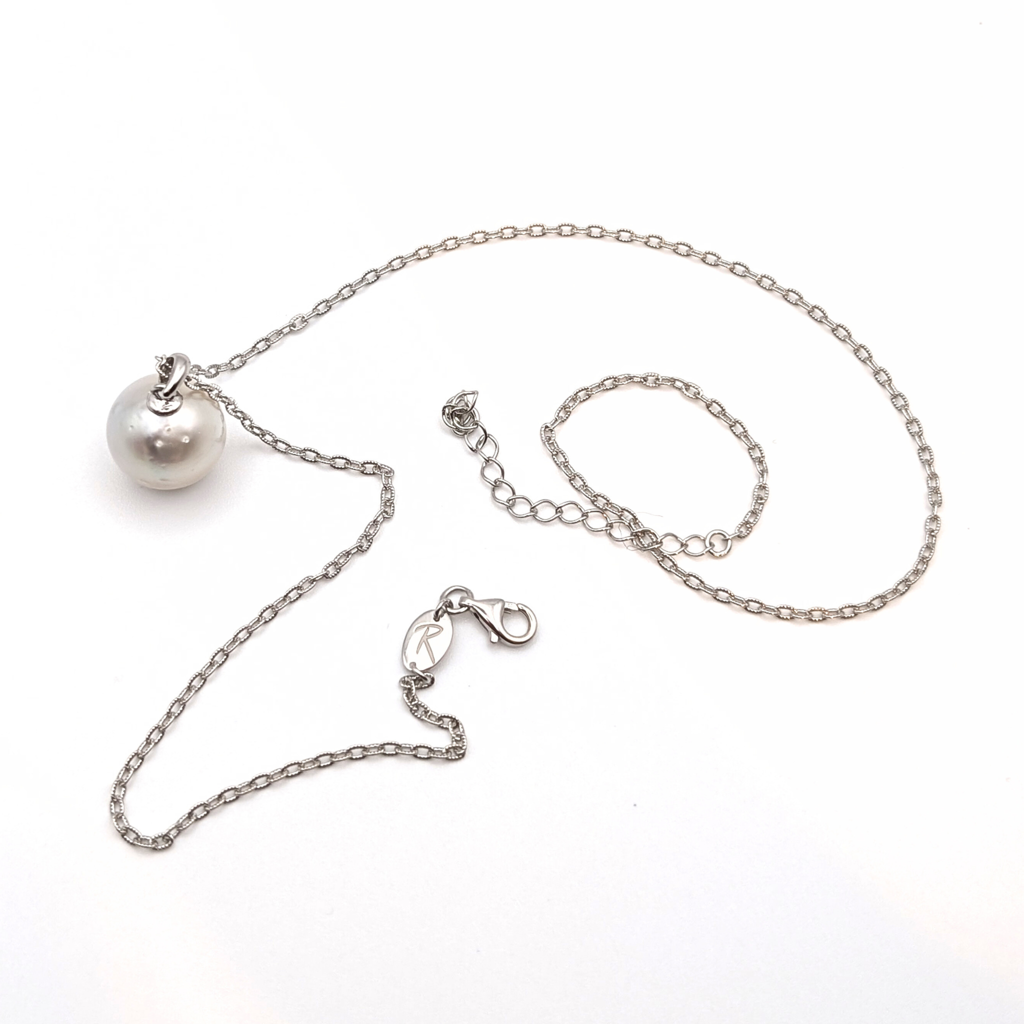 extra large silver south sea pearl with three spots pendant necklace with rhodium plated sterling silver chain on white background