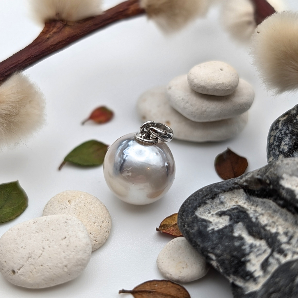 Rhodium plated sterling silver necklace with a large silver south sea pearl pendant lifestyle image