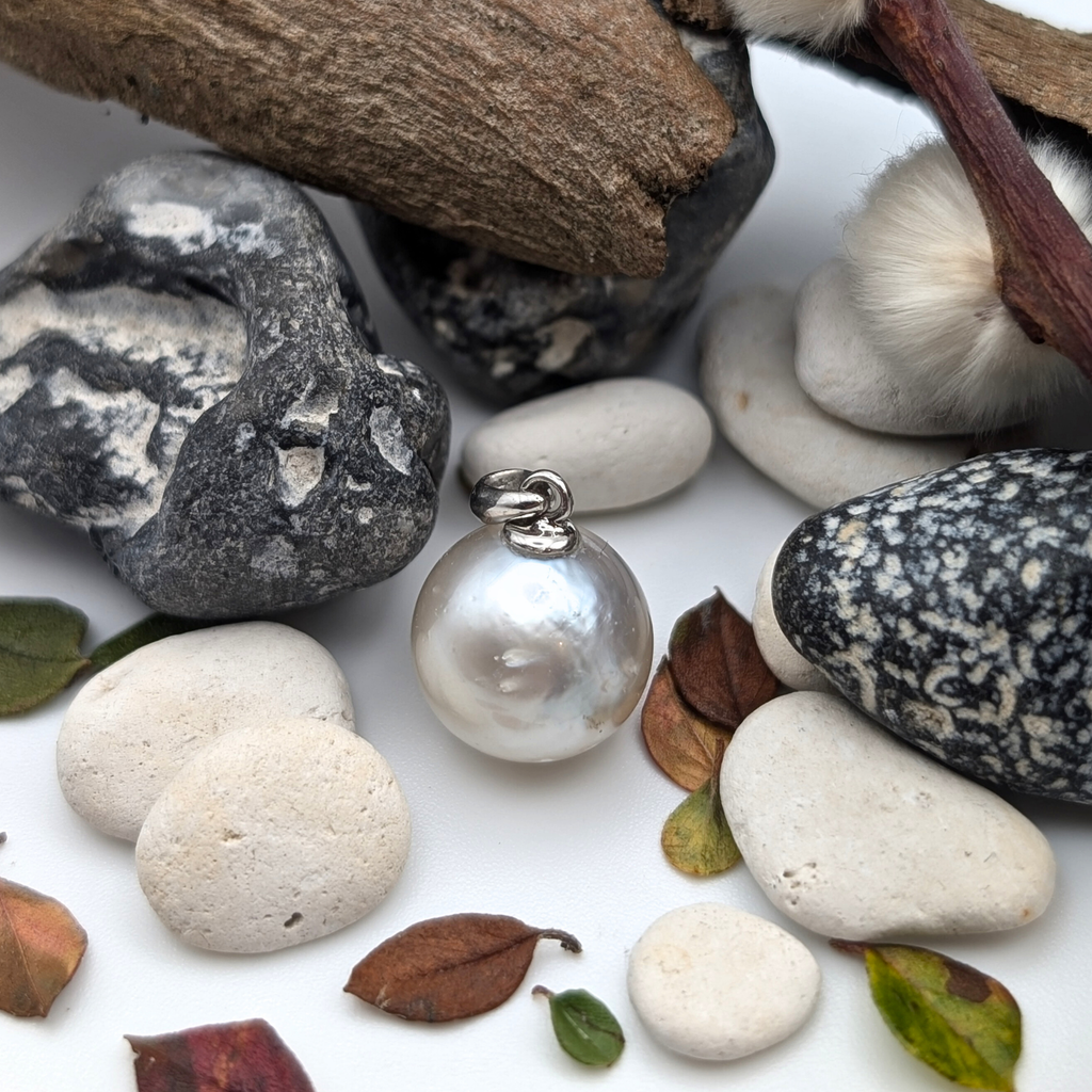 Rhodium plated sterling silver necklace with a large silver south sea pearl pendant lifestyle image 