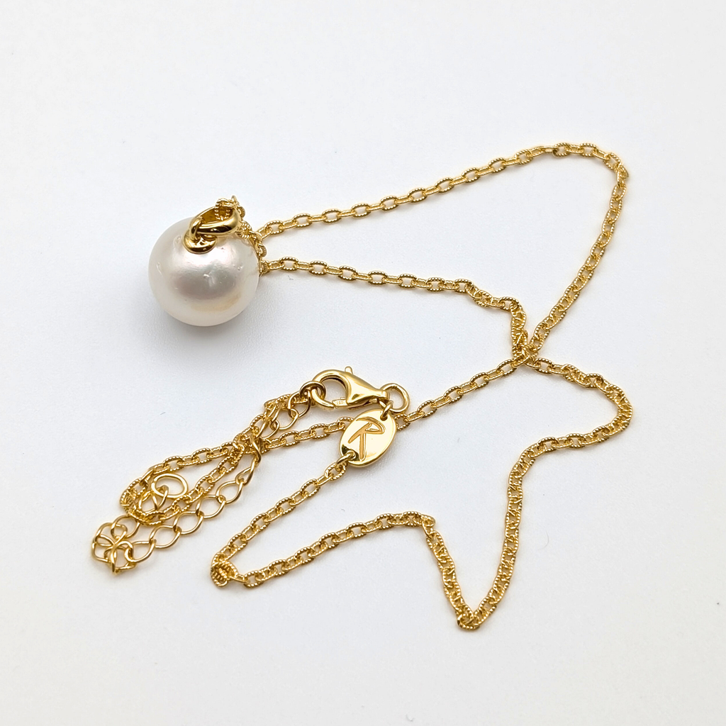 white  south sea pearl pendant necklace with gold vermeil bail and chain on white background