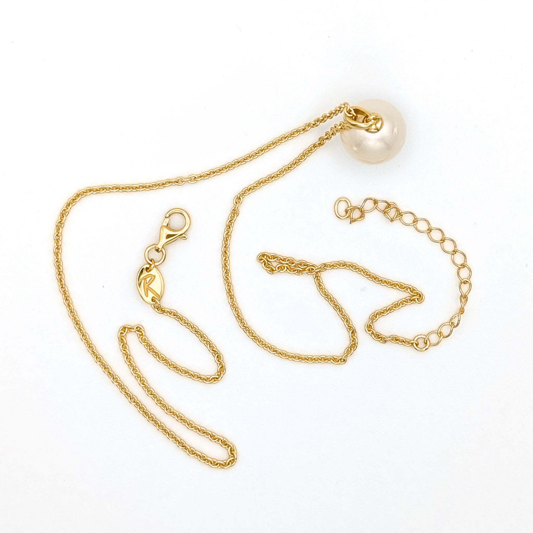 white  south sea pearl pendant necklace with gold vermeil bail and chain on white background